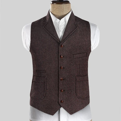 New Arrvial Lapel Neck Slim Fit Single Breasted Herringbone Men's Vest  Groomsemen Waistcoat For Wedding