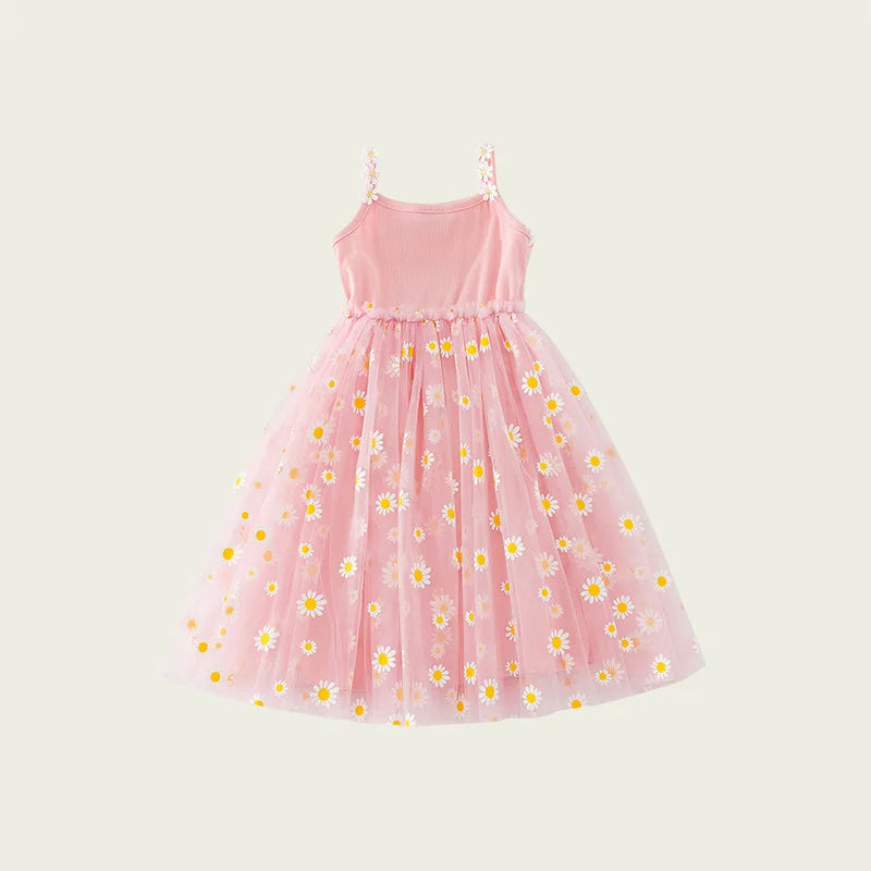 Girls Casual Dresses Little Daisy Flower Mesh Dress for Girls Summer Camisole Pompadour Dress Girls Clothes for2 To 7 Years
