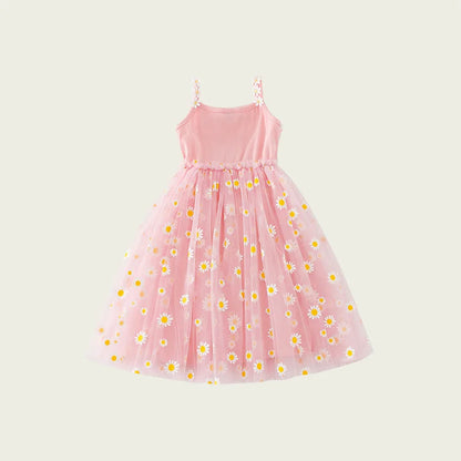 Girls Casual Dresses Little Daisy Flower Mesh Dress for Girls Summer Camisole Pompadour Dress Girls Clothes for2 To 7 Years
