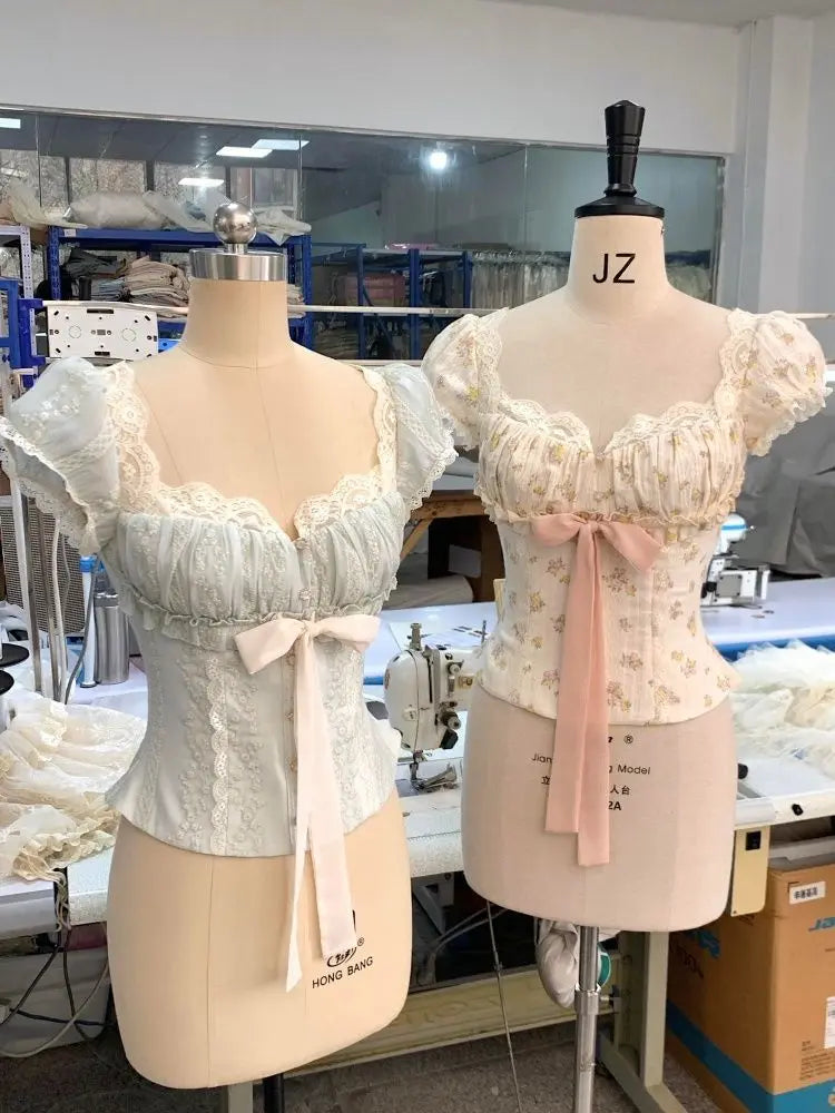 French Vintage Sweet Lace Trim Floral Blouse Women Bow Tie Front Ruched Crop Top Coquette Harajuku Y2K Summer Outfit Chic Retro
