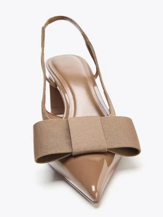 2026 Patent Leather Pointed Toe Heeled Sandals Women Elegant Bow Decoration Chunky Heel Pumps Luxury Designer Heels for Ladies