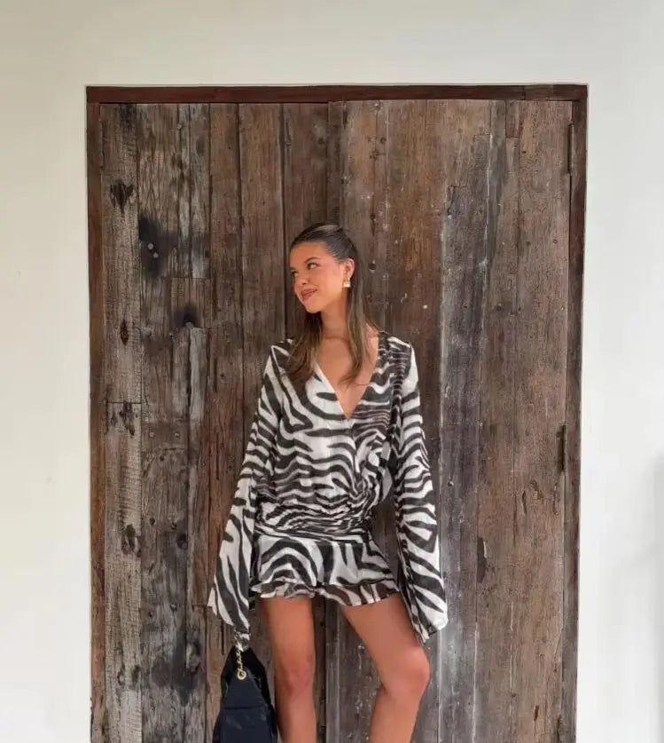 Women's Zebra Print Long Sleeve Mini Dress  Zebra Print Long Sleeve Mini Dress Party Club Zebra Print Ruffle Dress Summer 2026