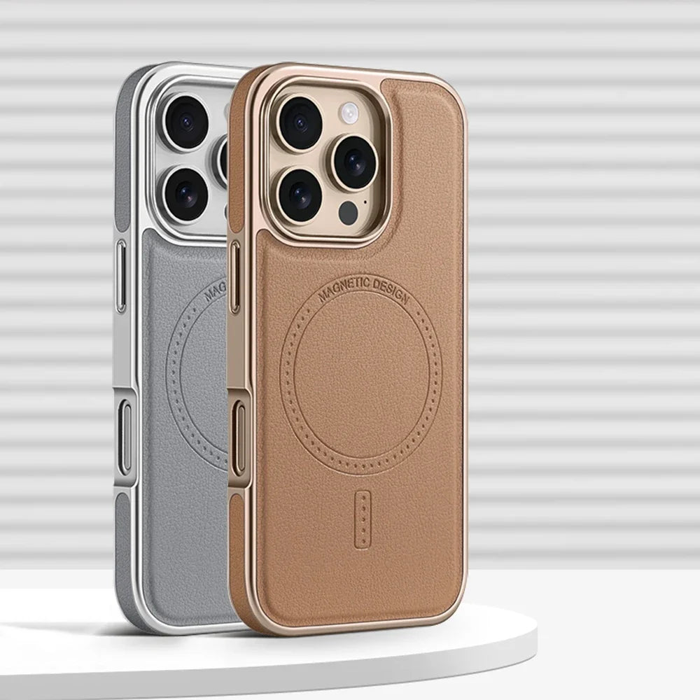 Premium Plating Frame Business Leather Magnetic Case for iPhone 17 16 15 14 13 Pro Max  Plus 17Air For Magsafe Shockproof Cover