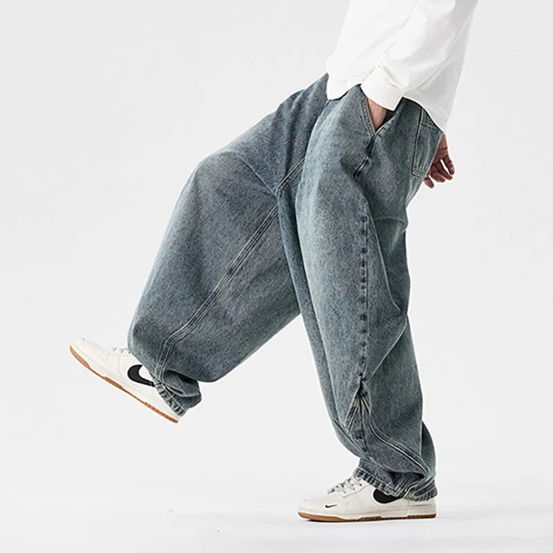 Men'S Plus Size Jeans Japanese Retro Hong Kong Style Jeans Loose Casual Wide Leg Pants Casual Pants Hip-Hop Pants
