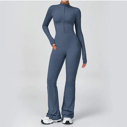 VITALINOVO Women Long Sleeve Flare Workout Jumpsuit Zip Up Romper Bottom Pants Wide Leg Full Length Bodysuit Bodycon One Piece