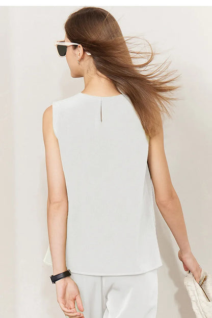 Sleeveless Women's Blouse 2026 Summer O-Neck Asymmetric Chiffon Top For Women Elegant Pleated Office Flowy Shirt 12642060