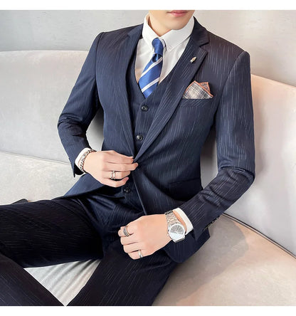 ( Blazer + Vest + Pants ) High-end Formal Casual Business Striped Fashion Men's 3 Piece Suit Groom Wedding Dress Suit