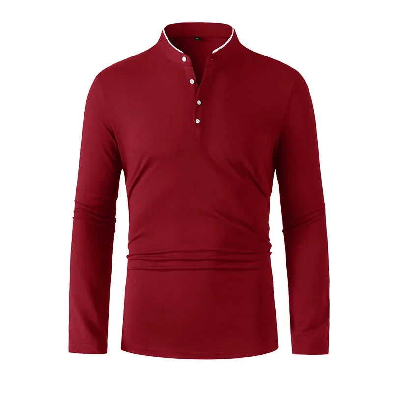 2025 New Men's Casual and Fashionable Solid Color Long Sleeved Stand Up Collar T-shirt Summer Versatile and Comfortable Top