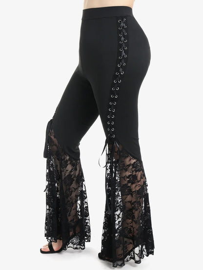 Plus Size Womens Pull On Flare Pants Gothic High Waist Overlength Lace Panel With Lace-up Pleated Trousers Skinny Pants