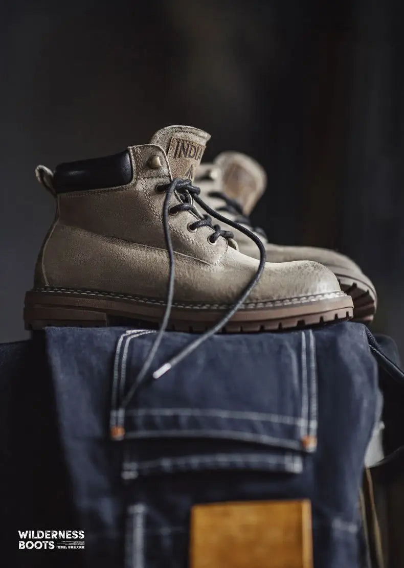 Maden Men's Retro Full Grain Pigskin High Top Work Boots Casual Lace-Up Desert Boots Genuine Leather Ankle Boots for Fall Winter
