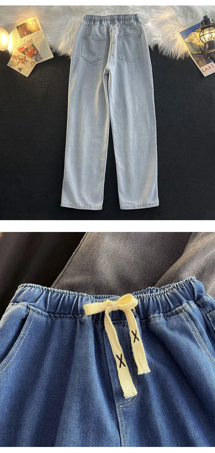 Casual Loose Straight Leg Men's Jeans Drawstring Elastic Waist Wide Leg Long Trousers High Street Fashion Denim Pants
