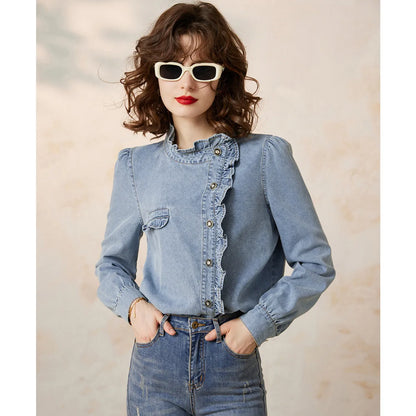2025 Spring Autumn Palace Style Ruffled Denim Blouse Small Stand Collar Oblique Placket Long Sleeve Shirt for Women