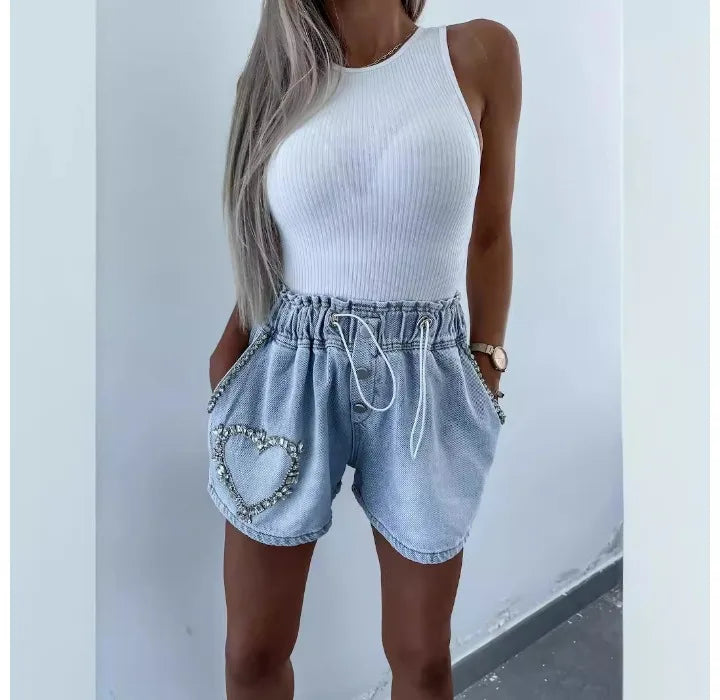 Denim Shorts for Women Streetwear Fashionable and Casual Rhinestone Versatile Y2k Cowboy Half Pants for Female Summer 2024 New