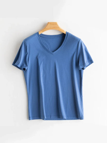 Women Solid T shirts, Silk Cotton Blend, O Neck, Short Sleeved Solid Tee,2025 Summer Candy Colors Basic Cozy Top Green
