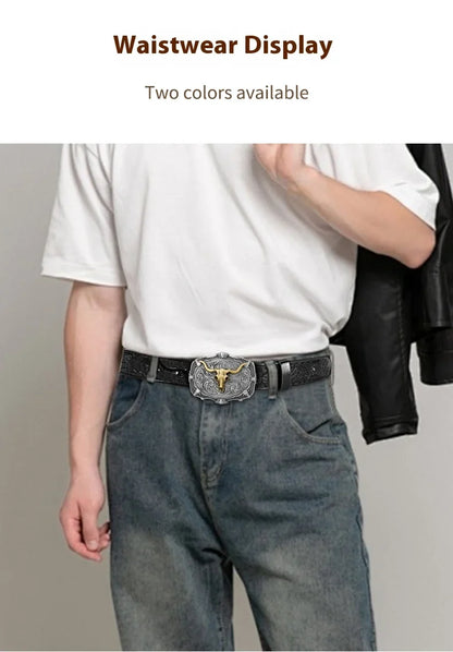 Western Cowboy PU Leather Belt - Men Waist Strap Bull Decoration Floral Engraved for Jeans