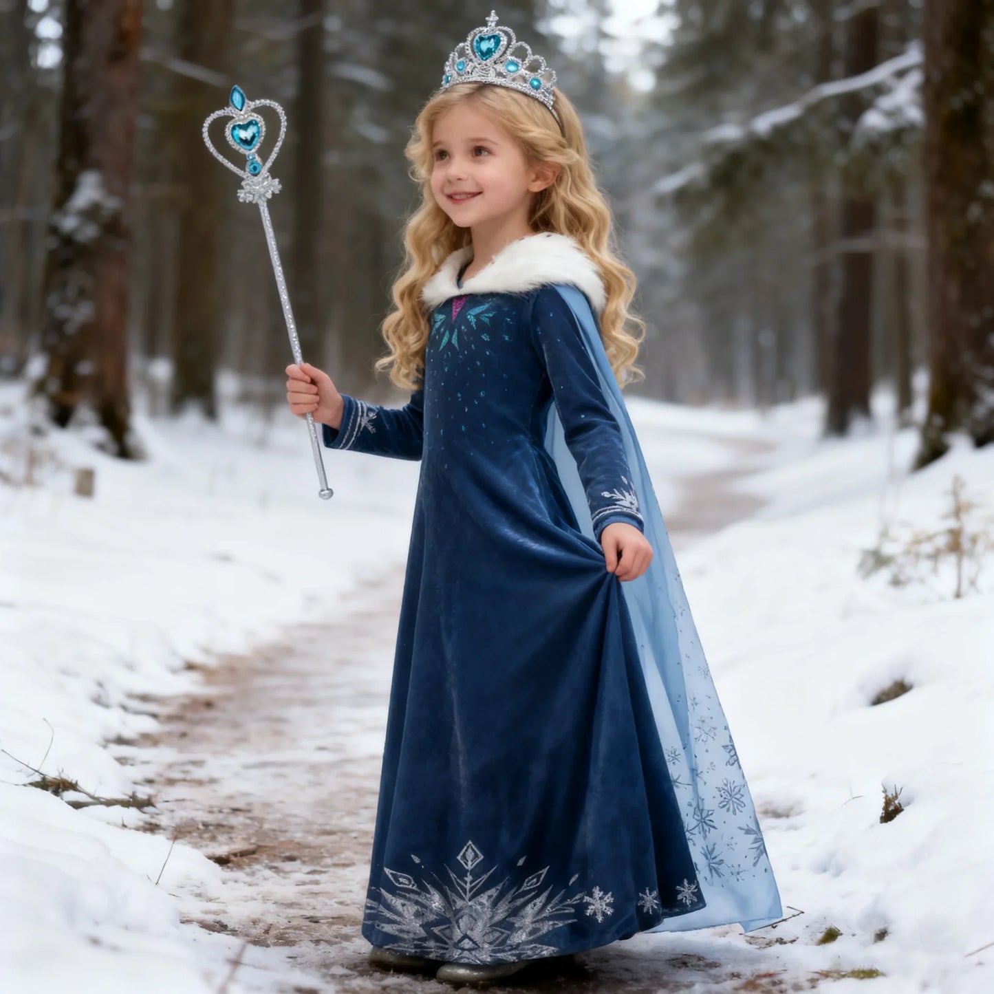 Blue Snowflake Princess Dress Winter Long Sleeve Fur Collar Snow Queen Costume Dress Girl Elsa New Year Christmas Party Clothes
