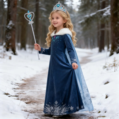 Blue Snowflake Princess Dress Winter Long Sleeve Fur Collar Snow Queen Costume Dress Girl Elsa New Year Christmas Party Clothes
