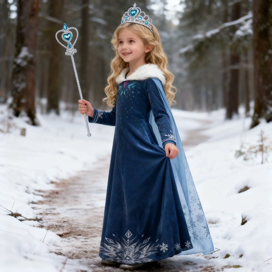 Blue Snowflake Princess Dress Winter Long Sleeve Fur Collar Snow Queen Costume Dress Girl Elsa New Year Christmas Party Clothes