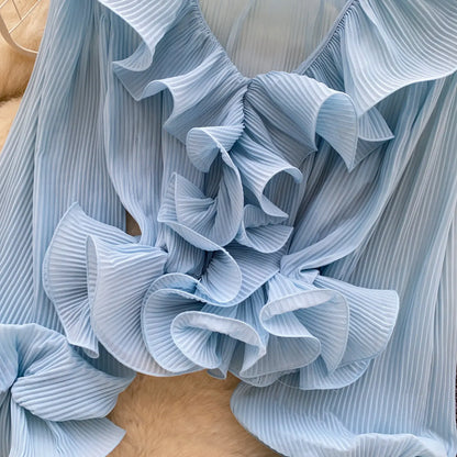 Ruffles Pleated Romantic Tops Thin Spring Summer V Neck French Elegant Blouse Fairycore Flowy Office Lady Luxury Shirt