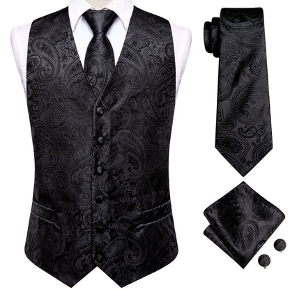 4PC Black Silk Mens Suit Vests Woven Floral Waistcoat Tie Pocket Square Cufflink Business Wedding Dress Waist Jacket