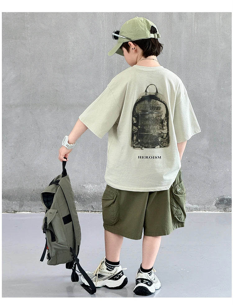 New Summer Korean Children Fashion Suit for Teen Boy Cotton Top And Bottom Set Kids Casual Tshirt Shorts 2PCS Clothing Set 7-16Y