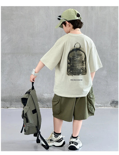 New Summer Korean Children Fashion Suit for Teen Boy Cotton Top And Bottom Set Kids Casual Tshirt Shorts 2PCS Clothing Set 7-16Y