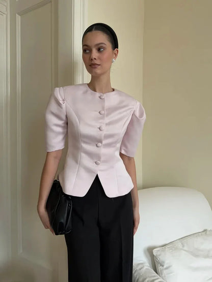 KT Elegant Satin Puff Sleeve Blouse for Women Round Neck Button Down Fitted Waist Asymmetric Hem Office & Formal Wear Tops