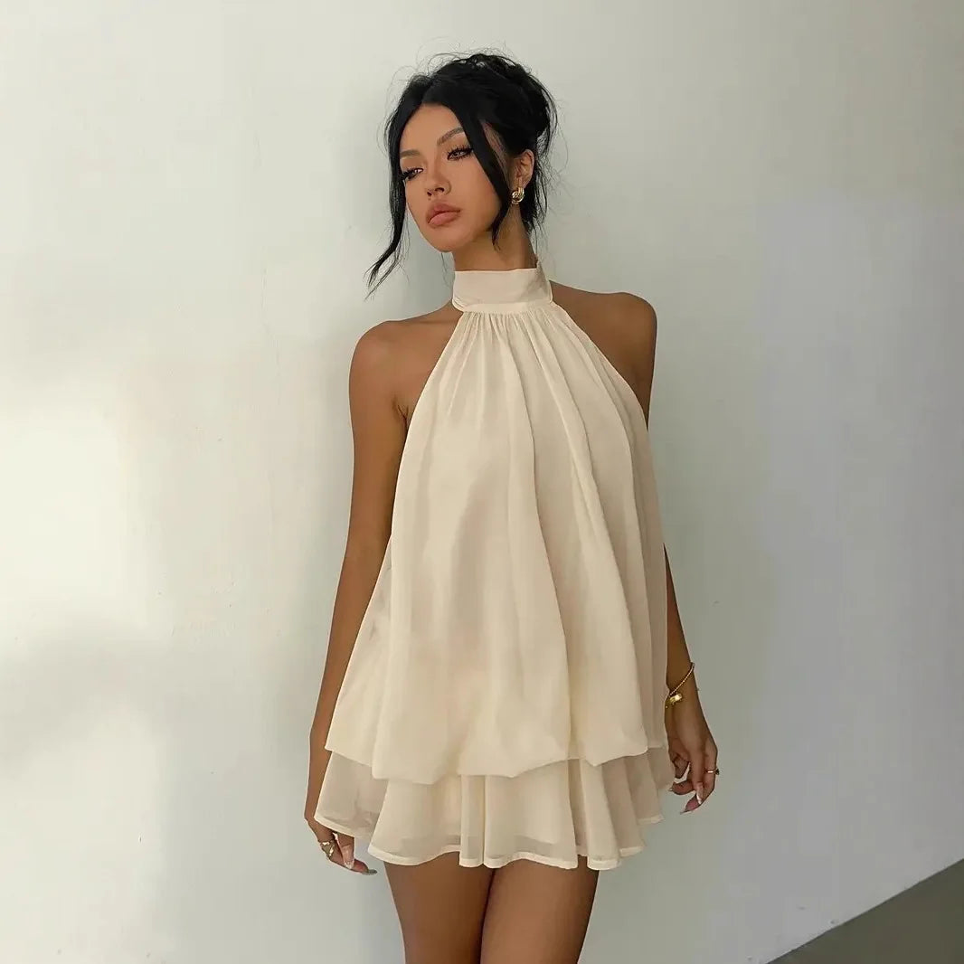 Women's Halter Neck Dress, Backless Tie-Front Chiffon Sheer Mini Skirt, Fashionable Sexy Y2K Vintage Cute Party Birthday Dress