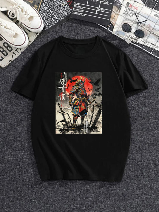 100% pure cotton short sleeved T-shirt Samurai Warrior Standing With Sword Red Moon Background Japanese Calligraphy Artwork Traditional Style Design Easy to wear and match, comfortable and fashionable, suitable for all season