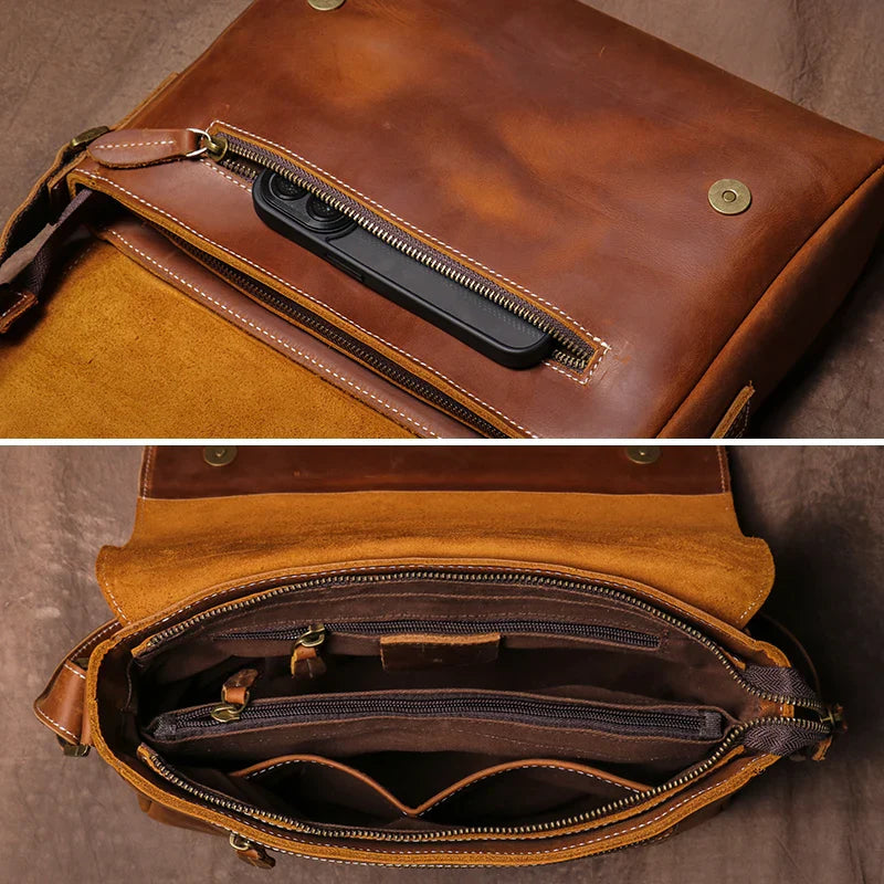 Men's High Quality Genuine Leather Shoulder Bag Vintage Flap Crazy Horse Cowhide Messenger Bag Daily Casual Crossbody Bags