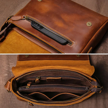 Men's High Quality Genuine Leather Shoulder Bag Vintage Flap Crazy Horse Cowhide Messenger Bag Daily Casual Crossbody Bags