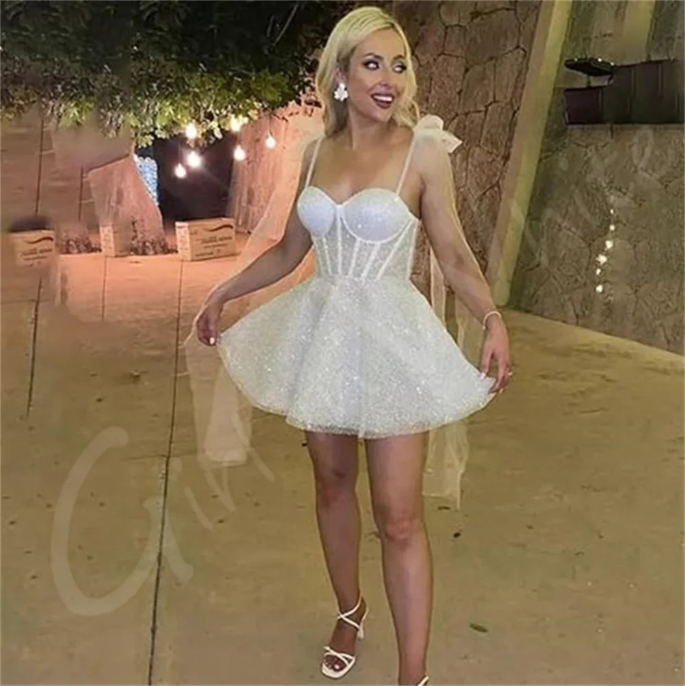 Sweetheart Princess Corset Wedding Dresses Sparkly Tulle Short Mini Bridal Gowns customized A-Line Bride Robes Vestidos De Novia