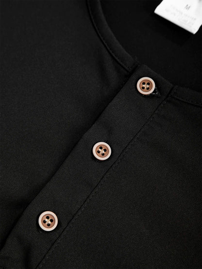 Men's Henery Neck Button Long Sleeve T Shirt Solid Color Spring Summer Breathable Tshirt Fashion Casual Slim Tops Classic Shirts