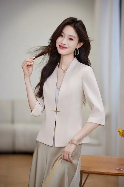 Women's Slim Fit Blazer Spring Summer Fashion Solid Color Single Button Jacket Office Lady Coat Top New Arrival 2025