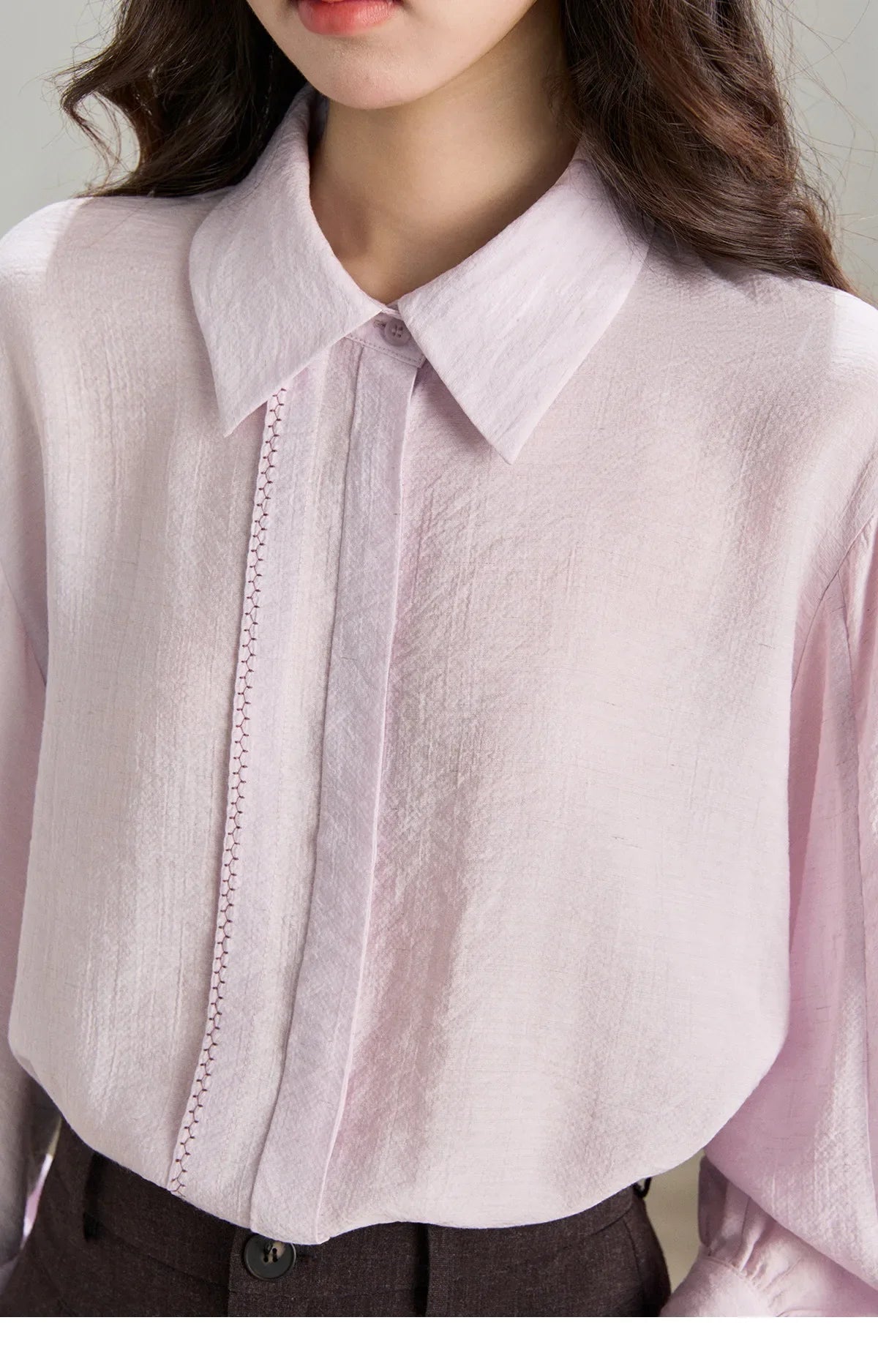 Women's Lapel Lantern Sleeve Shirts 2026 Spring Lace Trim Casual Loose Breathable Solid Shirt Office Lady MXF13C2436