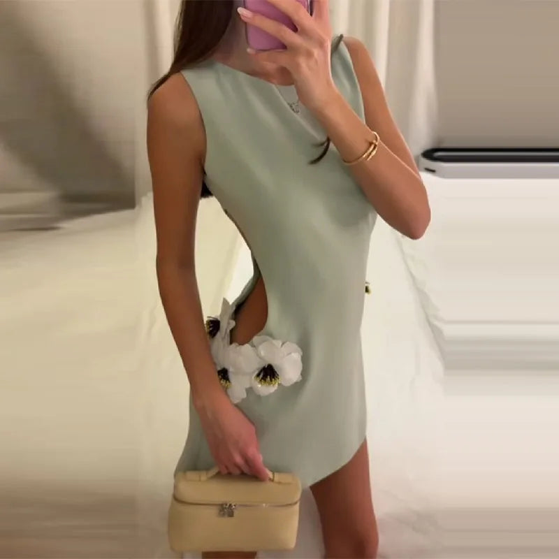 Women's Elegant 3d Flower Sleeveless Mini Dress Lady Light Green Vacation Party Dresses Stylish Female New Trend Summer Clothes