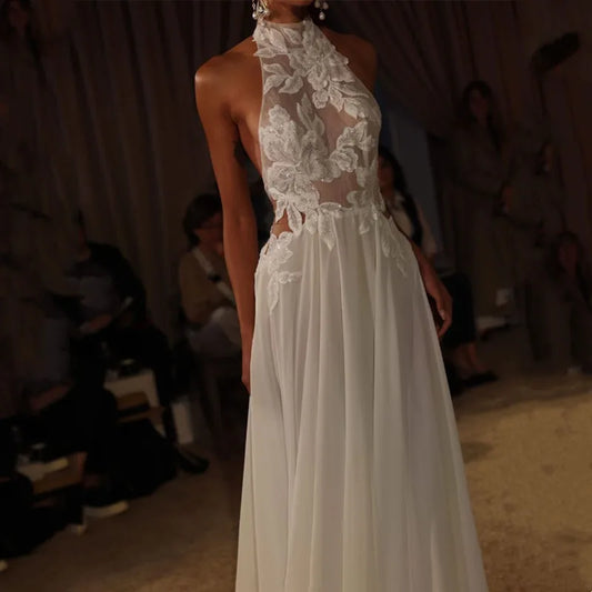 Customized Modern White Chiffon A-Line Lace Wedding Dress For Women Simple Halter Neck Pleat Sequined Sexy Backless Brildal Gown