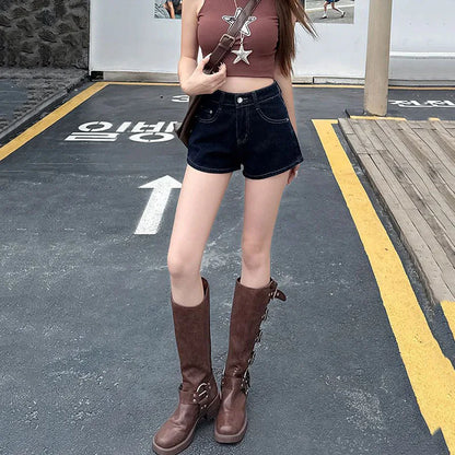 Casual Denim Shorts Women Summer Slim Fit High Waisted Pockets Hot Mini Pants Female Deep Blue Versatile Slimming Short Jeans