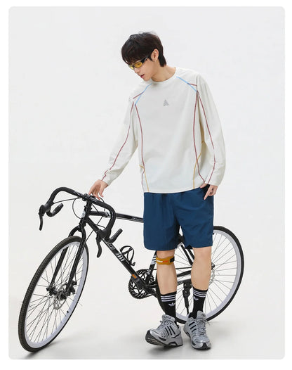 Men's Cool-Touch Contrast Stitch Long Sleeve T-Shirt – Loose Fit Moisture-Wicking Athletic Top for Autumn & Summer Sports