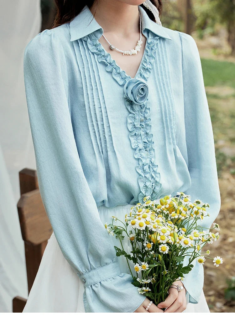 Spring New Blouses for Women 2025 V-neck Long Flare Sleeve Solid Shirts Female Fashion Straight Tops Woman MXE14X1730