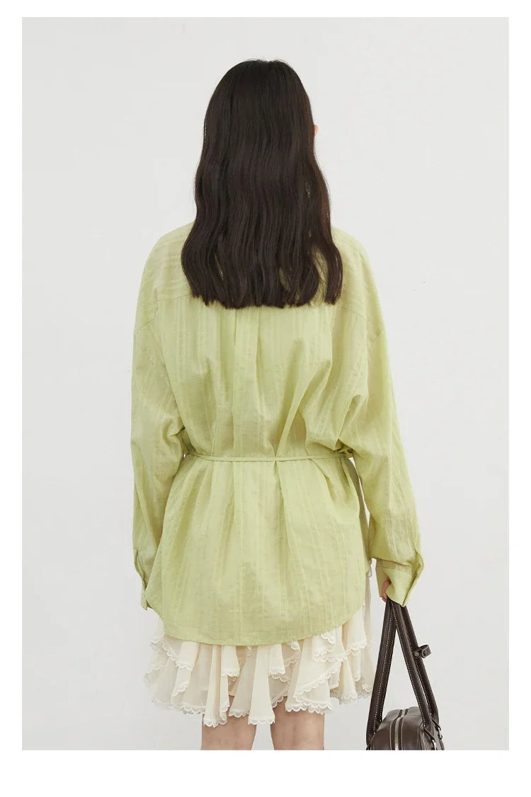 Women Shirt Textured Cotton Striped Waist Shirt Long Sleeves Female Sun Protection Blouses  Spring  Summer 2026