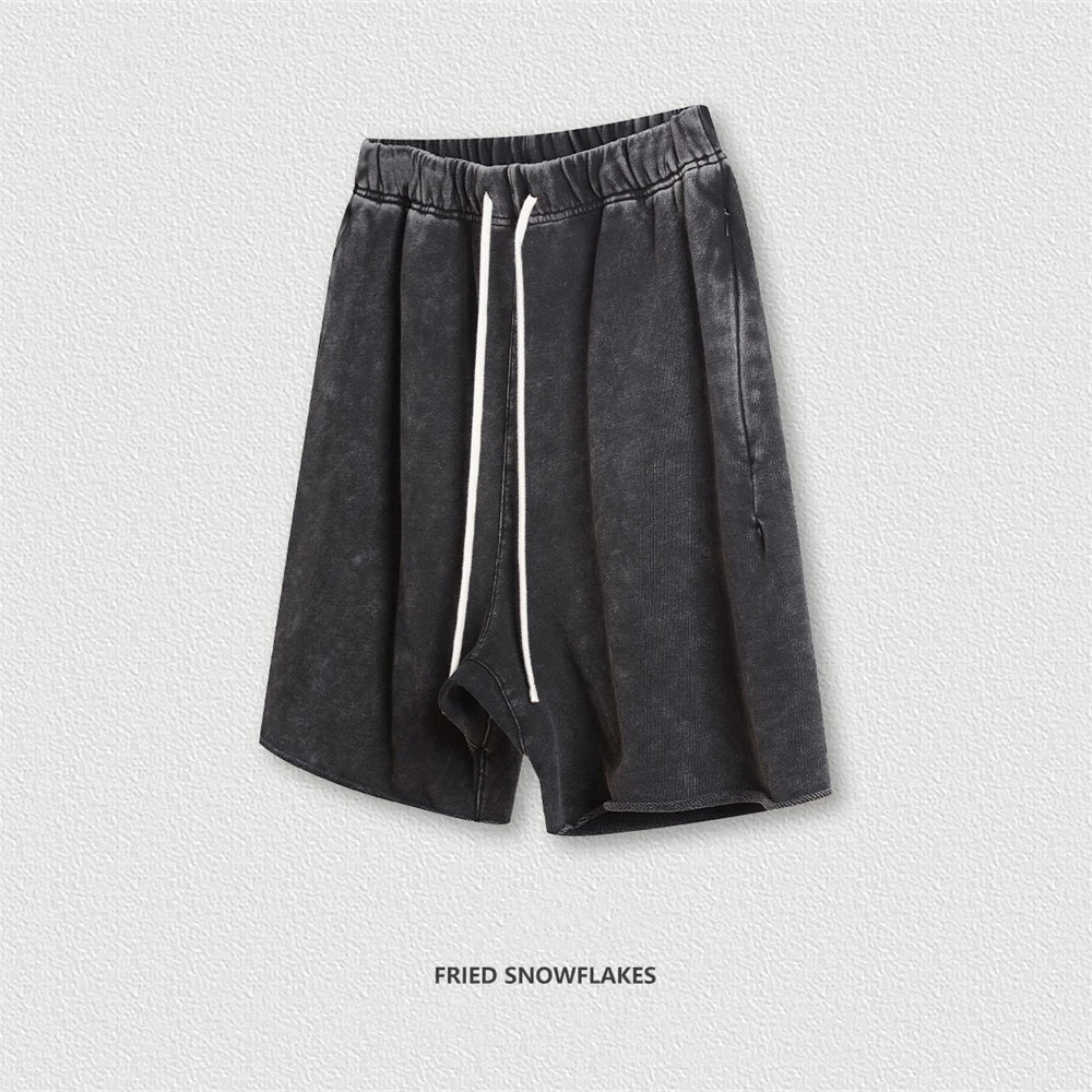 New Summer Men Retro Washed Shorts Unisex Drawstring Loose Edge 420gsm Solid Knee Length Cotton Pants Streetwears HY0589