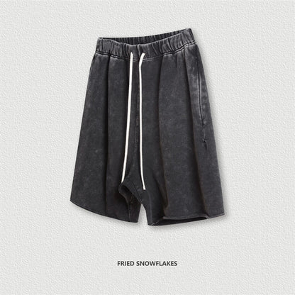 New Summer Men Retro Washed Shorts Unisex Drawstring Loose Edge 420gsm Solid Knee Length Cotton Pants Streetwears HY0589