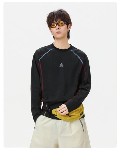 Men's Cool-Touch Contrast Stitch Long Sleeve T-Shirt – Loose Fit Moisture-Wicking Athletic Top for Autumn & Summer Sports