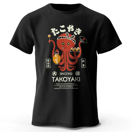 Japanese Octopus Chef Printed 100% Cotton T-Shirt, Soft & Breathable Round Neck Short Sleeve Tee, Unisex Fun & Cultural Style