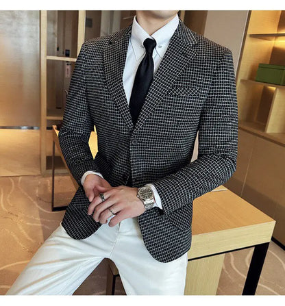 Men's Elegant Grid Suit Jacket 2026 Spring New Fashion Slim Blazer Jackets Social Prom Dress Jacket Men's High Quality Clothing