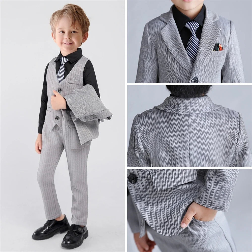 Handsome Kids Slim Fit Suits For Wedding Party Classic Boys Suit Set 4 Pieces School Graduation Ceremony Piano Performance