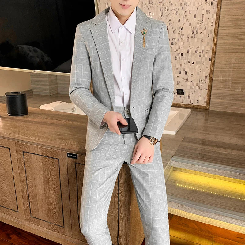 Autumn 2024 Men's Slim Fit Checkered Two-Piece Suit Korean Style Handsome Fashion Suit And Trousers Set