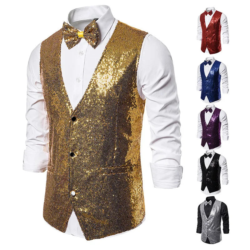 2026 Men's Shiny Gold Sequin Glitter Embellished Blazer Waistcoat Night Club Blazer Wedding Party Waistcoat Stage Singers Vest