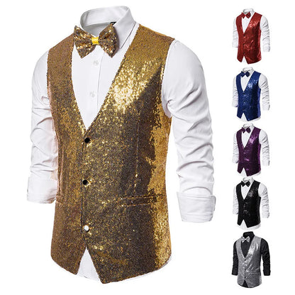 2026 Men's Shiny Gold Sequin Glitter Embellished Blazer Waistcoat Night Club Blazer Wedding Party Waistcoat Stage Singers Vest